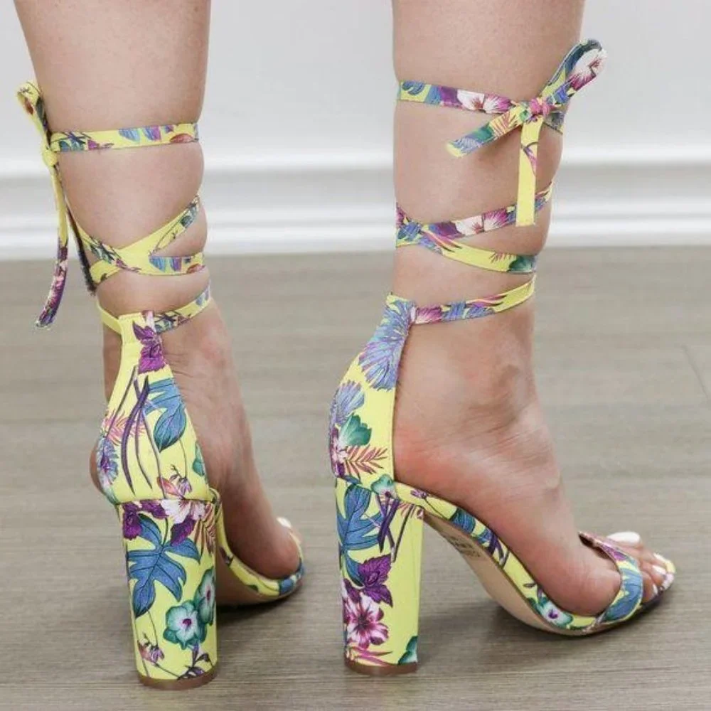 Yellow Floral Laced-Up Leg Tie, Ankle Strap Sandal - Picture 6 of 8